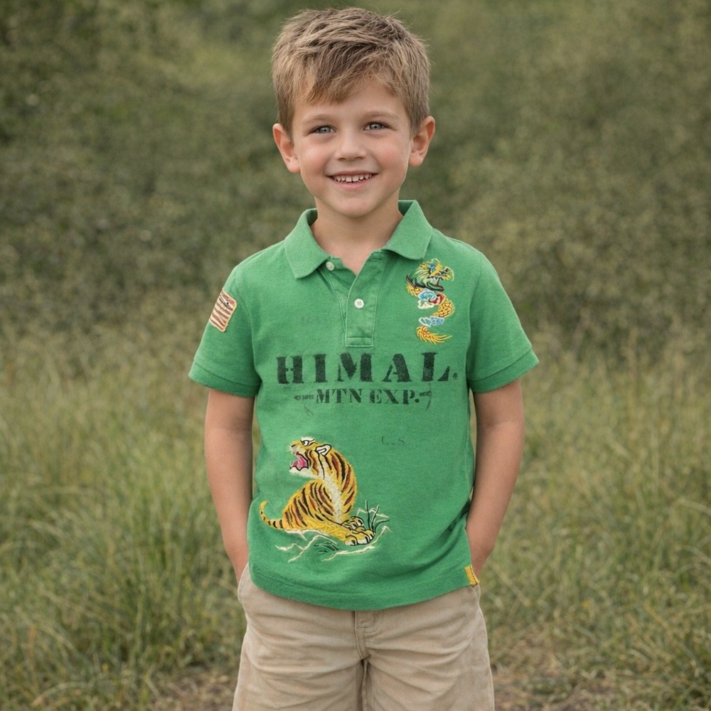 Vintage Polo Ralph Lauren Kids‎ Green Himalayan Mtn Exp Tiger Dragon Polo Shirt